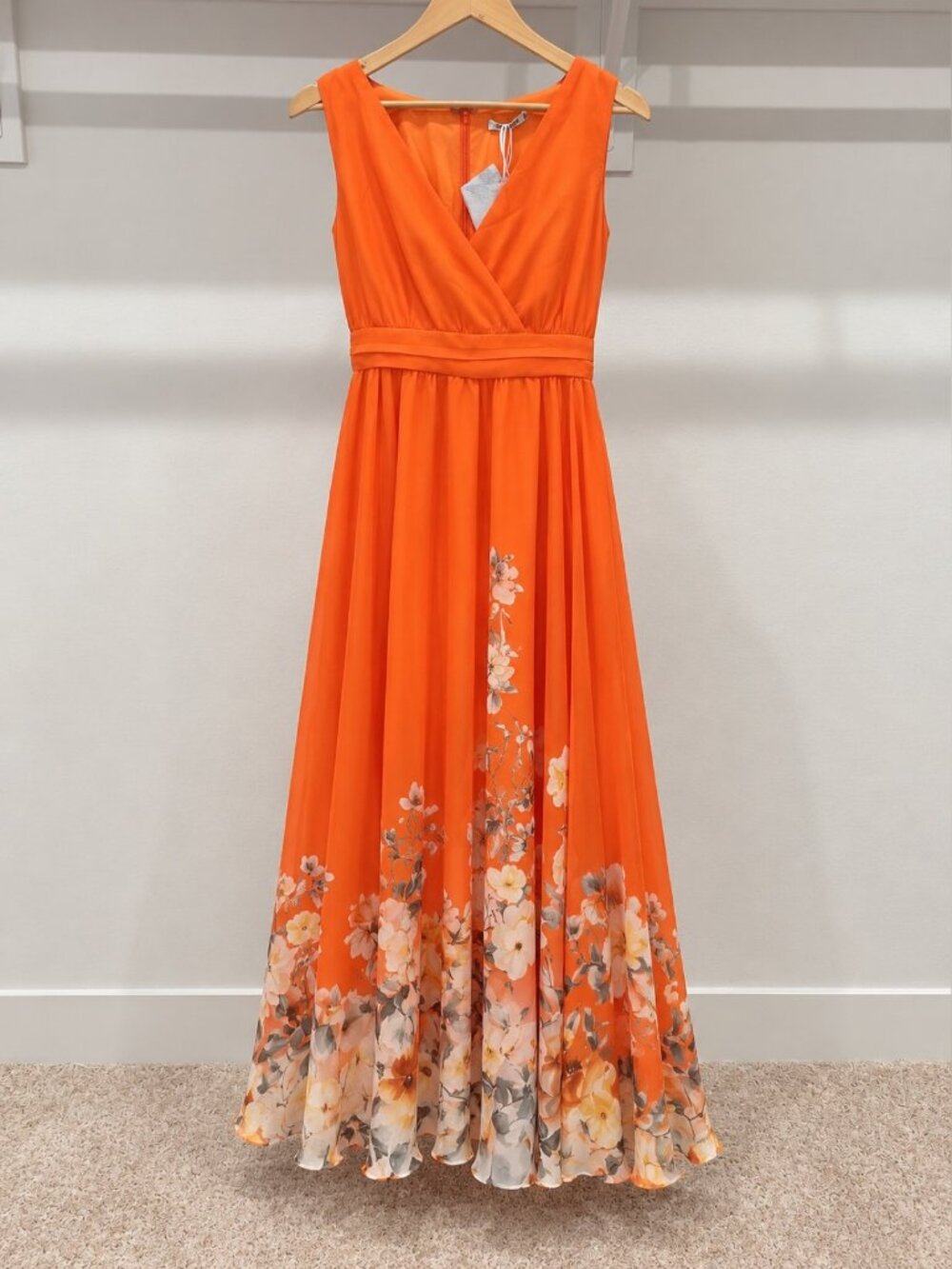 FEHAUTE Orange Red Floral Chiffon Wrap Maxi Dress Sleeveless V-Neck US 4 NWT